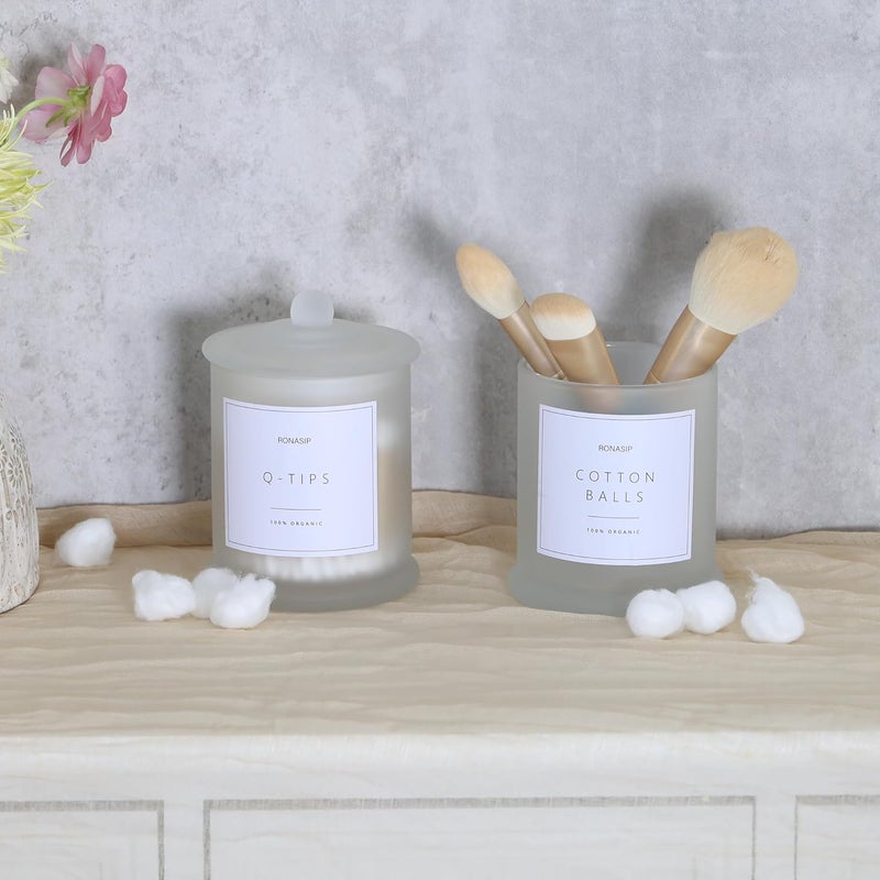 Ronasip Qtip Holder & Cotton Pad Dispenser, Bathroom Organizer and Storage Canisters, 16oz Glass Apothecary Jars for Kitchen, Restroom - Home Decor, Room Decor Aesthetic (2 Pack, Frosted White) - Image 4